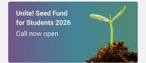 Teksti: Unite! Seed Fund for Students 2026. Haku nyt auki. Kuva: Taimi kasvaa maasta.