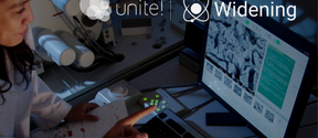 Person in lab coat points at a computer screen displaying microscopic images. Unite! and Widening logos are visible.