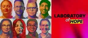 Nine blurred faces on the left, text 'LABORATORY of HOPE' on a red background to the right.