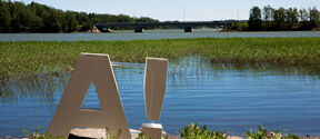 A logo near water