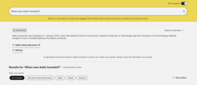 Sivuston hakutulokset ja tekoäly-yhteenveto hakutermille "Milloin Aalto perustettiin?"