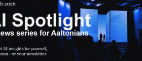 Banner: “AI Spotlight” March 2026, with silhouettes on a lit blue stage and audience in foreground