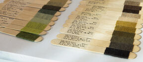 Wooden sticks with handwritten notes and wrapped yarn samples in green, grey and brown shades on a white table