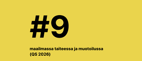 Musta teksti keltaisella: “#9” ja rivi maailman taide- ja muotoilurankingista (QS 2026).