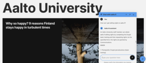 Aalto-yliopiston verkkosivu, jonka oikeassa reunassa on tekoälychat-ikkuna.