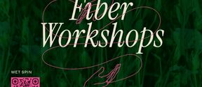 Green poster for Fiber Workshops with flax, hand and wet spinning details, pink script and QR codes.