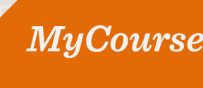 White text MyCourses on an orange diamond with grey patterned corners