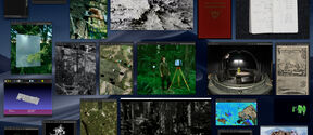 Collage of forest surveys, maps, scans, tools and notes on dark desktop background