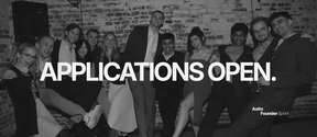 Group of dressed-up people posing at a party with large text ‘APPLICATIONS OPEN.’ and Aalto Founder Sprint logo.
