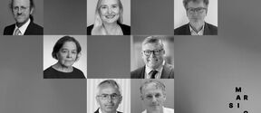 Greyscale collage of seven business portraits, each in formal clothing, on a plain background