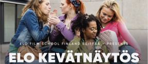 4 girls are outside vibing and smoking cigarettes. White text on top of picture Elo Film School Finland presents ELO kevätnäytös new students films.