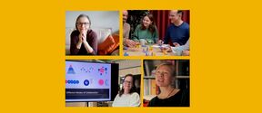 Collage of people collaborating at tables and watching a presentation, on a bright yellow background