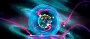 Glowing neon sphere with geometric core and light trails floating above a tablet in the dark