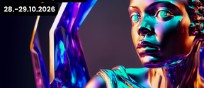 Poster with neon statue and crystal wings, text: health_design_2026, 28.–29.10.2026