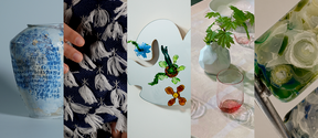 Collage of five design objects: blue script vase, woven fabric, floral mirror, table setting, and green glass.