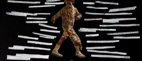 Collage of a person wearing patterned clothes and a hat on black background, surrounded by scattered white text strips in various directions.