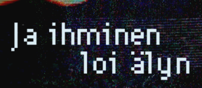 Glitch-taidekuva sinipunaisesta aallosta, teksti 'Ja ihminen loi älyn' ja Aalto-yliopiston logo