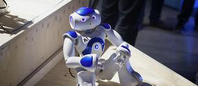 Small white and blue humanoid robot sitting on a wooden platform at an indoor event