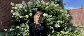Person in black top stands in a sunny garden with tall white flowering bushes and brick buildings behind.