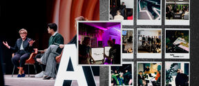 Panel on stage with large white letter A, beside collage of colourful event Polaroids on dark wall