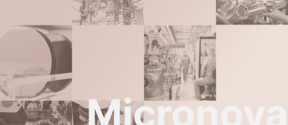 Kollaasi laboratoriolaitteista ja tutkijoista lämpimissä beigensävyissä, tekstinä “Micronova”.