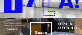 Poster for Aalto University open doors event in modern studios, with bold blue text and date details.