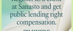 Sanasto advert with open book on green background, inviting writers and translators to register for compensation.
