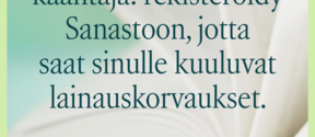 Sanaston mainos vihertävällä taustalla, avoin kirja ja kehotus kirjoittajille ja kääntäjille rekisteröityä.