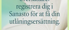 Sanasto-affisch med öppen vit bok mot grön bakgrund, uppmanar författare och översättare att registrera sig.