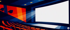 Stylised cinema hall with orange seats and blue walls facing a large blank white screen