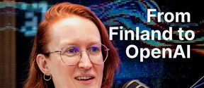 Red-haired person with glasses speaking into a studio microphone, text reads From Finland to OpenAI