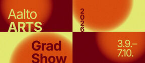 Affisch för Aalto ARTS Grad Show 2026 med orange-gula abstrakta cirklar och datumet 3.9–7.10.