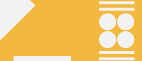 Yellow background with white circles and horizontal bars on the right side.