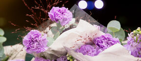 Bouquet of ruffled purple flowers with greenery, wrapped in paper, against a soft dark background