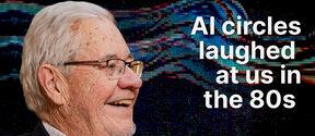 Smiling elderly man with glasses at a microphone, abstract blue and red digital waves and text about AI in the 80s