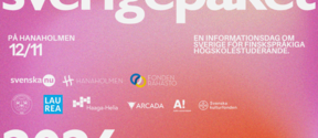 Affisch för infodagen ”Sverigepaket” 12/11 2026 på Hanaholmen, rosa‑orange bakgrund och partnerlogotyper.