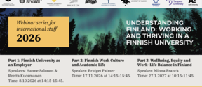 Digital flyer for 2026 Finnish university webinars for international staff, text over aurora and forest background