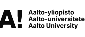 Black Aalto University logo: bold A and exclamation mark with name in three languages on grey checkerboard