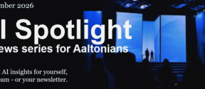 Dark blue stage with silhouettes and text: AI Spotlight, a news series for Aalto community, September 2026.