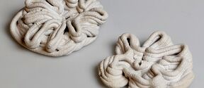 Two cream-coloured, coiled clay sculptures with thick looping ridges on a light grey surface.