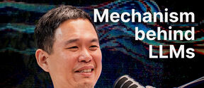 Smiling man at black microphone, text reads “Mechanism behind LLMs” on colourful digital background
