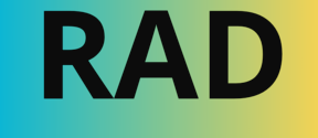 The word RAD in bold black letters on a turquoise to yellow gradient background