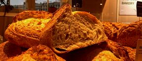 Crusty sourdough loaves stacked in a warm‑lit organic bakery window display