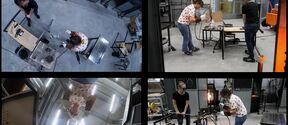 Four photos show two people glassblowing in a workshop, shaping hot glass near a bright furnace.