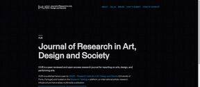 Homepage of HUB Journal of Research in Art, Design and Society with dark header and blue navigation links