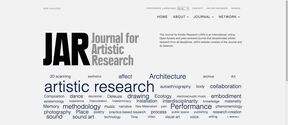 Webpage of Journal for Artistic Research with word cloud and issue 38 cover images