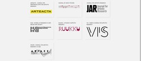 Webpage of Research Catalogue listing six artistic research journals as white cards with black and coloured logos.