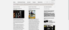 Research Catalogue website with three columns of text listings and small images for activities, publications and news.