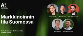 Seminaarijuliste: Markkinoinnin tila Suomessa, Aalto-yliopiston logo ja viisi puhujamuotokuvaa vihreällä taustalla