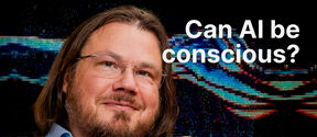 Bearded man with glasses by a podcast mic, abstract digital waves and text: Can AI be conscious?